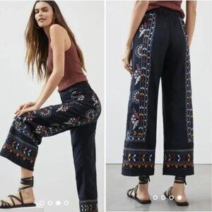 Anthropologie Black Wide Leg Embroidered Pants Sz S